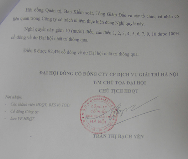 Nghị quyết Đại hội đồng cổ đông Công ty Cổ phần dịch vụ giải trí Hà Nội năm 2014